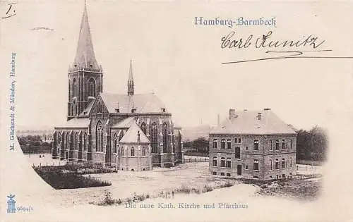 alte orig. AK Hamburg Barmbeck Barmbek Neue Katholische Kirche und Pfarrhaus 1902 Vorkrieg
