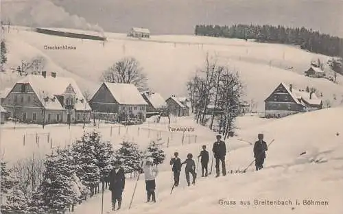 alte orig. AK Breitenbach Böhmen Sudeten Potůčky Potucky Johanngeorgenstadt Gottesgab Schwarzwasser Dreckschänke Ski Tennisplatz Winteransicht 1910 Vorkrieg