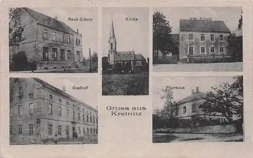 alte orig. AK Kreinitz b Zeithain Strehla Riesa Großenhain Gröditz Gasthof Pfarrhaus Alte Schule u. Neue Schule 1920 Vorkrieg