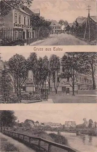 alte orig. AK Eulau b Sprottau Schlesien Iława Szprotawa Strassenansichten Häuser Denkmal 1926 Vorkrieg