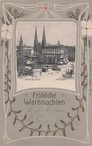 alte orig. AK Dresden Postplatz im Winter Karte zu Weihnachten Jugendstil 1902 Vorkrieg Verlag Trenkler