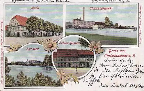 alte orig. AK Christianstadt a. Bober Krzystkowice b Naumburg a. Bober Schlesien Elektrizitätswerk Spinnerei Gasthof Markt 1906 Vorkrieg