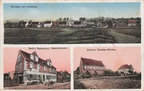 alte orig. AK Streckau b Luckenau Weidau b Zeitz Theissen Kretzschau Grana Nonnewitz Schule Laden f. Materialwaren u. Restaurant Bach 1914 Vorkrieg