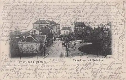 alte orig. AK Osnabrück b Bielefeld Münster Minden Gütersloh Herford Greven Ibbenbüren Lotterstrasse Lotter Strasse mit Realschule 1901 Vorkrieg