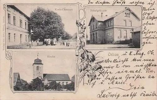 alte orig. AK Ostrau b Petersberg Wallwitz Haale Saale Zörbig Sandersdorf Brehna Bitterfeld Wolfen Szene an der Kreis- Chaussee Schule Kirche 1906 Vorkrieg Verlag Arno Wittig Ostrau