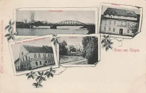 alte orig. AK Übigau Uebigau b Wahrenbrück Herzberg Elster Liebenwerda Doberlug Falkenberg Elster Tröbitz Gasthaus Restaurant Ernst Andrag Schloss Rathaus ca. 1905 Vorkrieg