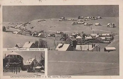 alte orig. AK Unterstützengrün b Stützengrün Eibenstock Schneeberg Schönheide Kirchberg Winterszene Häuser Gasthof Schmidt Gutshaus 1929 Vorkrieg