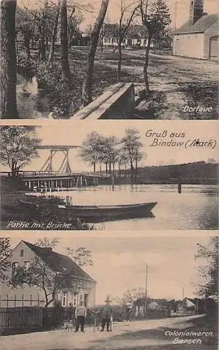 alte orig. AK Bindow i. Mark b Zernsdorf Kablow Senzig Friedersdorf Heidesee Prieros Königs Wusterhausen Colonialwaren Laden Barsch Dorfaue Brücke 1928 Vorkrieg