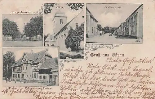 alte orig. AK Ostrau b Petersberg Wallwitz Haale Saale Zörbig Sandersdorf Brehna Bitterfeld Wolfen Freiherr Veltheim Rentamt Schlossstrasse Kriegerdenkmal Kirche 1905 Vorkrieg Verlag Arno Wittig Ostrau