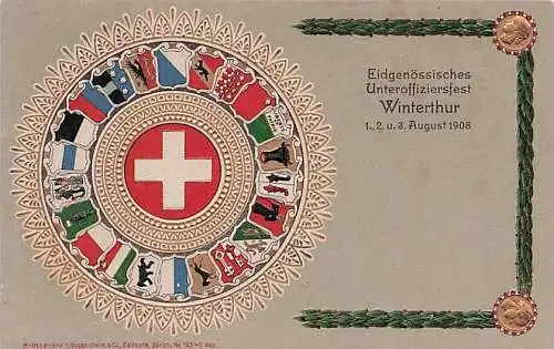 alte orig. AK Winterthur Kanton Zürich Schweiz Prägekarte Wappen Unteroffiziersfest August 1908 Vorkrieg Verlag Atelier H. Guggenheim Zürich
