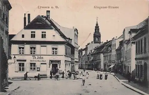 alte orig. AK Crossen a. Oder Krosno Odrzańskie Neumark b Grünberg Zielona Góra Naumburg a. Bober Glogauer Strasse Laden Geschäft Th. John Inh. Ernst Koschker 1920 Vorkrieg