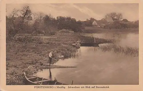 alte orig. AK Fürstenberg Havel b Lychen Templin Gransee Szene am Schwedtsee Blick nach Ravensbrück 1924 Vorkrieg Verlag J. Goldiner Berlin