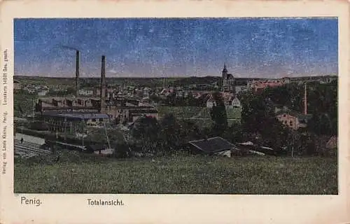 alte orig. AK Penig b Lunzenau Rochlitz Mühlau Burgstädt Tauscha Wernsdorf Thierbach Hartmannsdorf Lunakarte 14881 Metallglanzkarte Fabrik am Stadtrand Vorkrieg