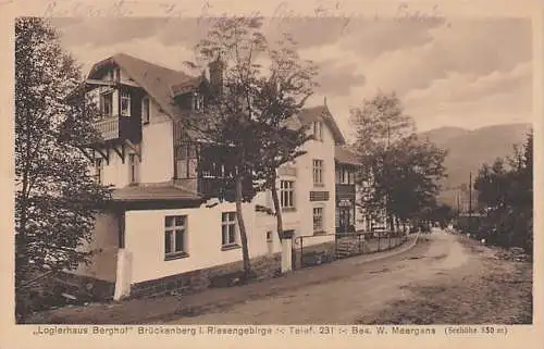 alte orig. AK Brückenberg Riesengebirge b Krummhübel Karpacz Logirhaus Berghof Bes. W. Meergans 1927 Vorkrieg