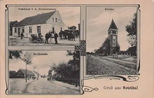 alte orig. AK Netzthal Osiek nad Notecią b Wirsitz Wyrzysk Posen Pila Schneidemühl Bromberg Samotschin Gollantsch Nakel Netze Gasthaus A. Zimmermann Kirche Dorfstrasse 1919 Vorkrieg