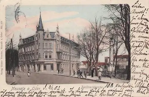 alte orig. AK Neusalz a. Oder Nowa Sól b Lebus Sagan Grünberg Glogau Szene in der Berlinerstrasse 1902 Vorkrieg