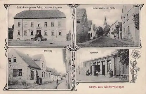 alte orig. AK Niederröblingen b Allstedt Nienstedt Sangerhausen Mansfeld Edersleben Oberröblingen Artern Wolferstedt Bahnhof Gasthof Ernst Schuchardt Steinweg Lutherstrasse 1909 Vorkrieg
