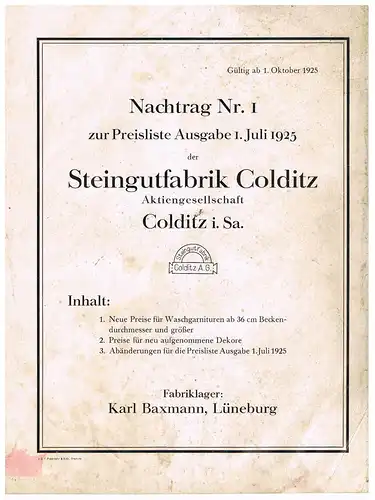 Preisliste Steingutfabrik Colditz AG