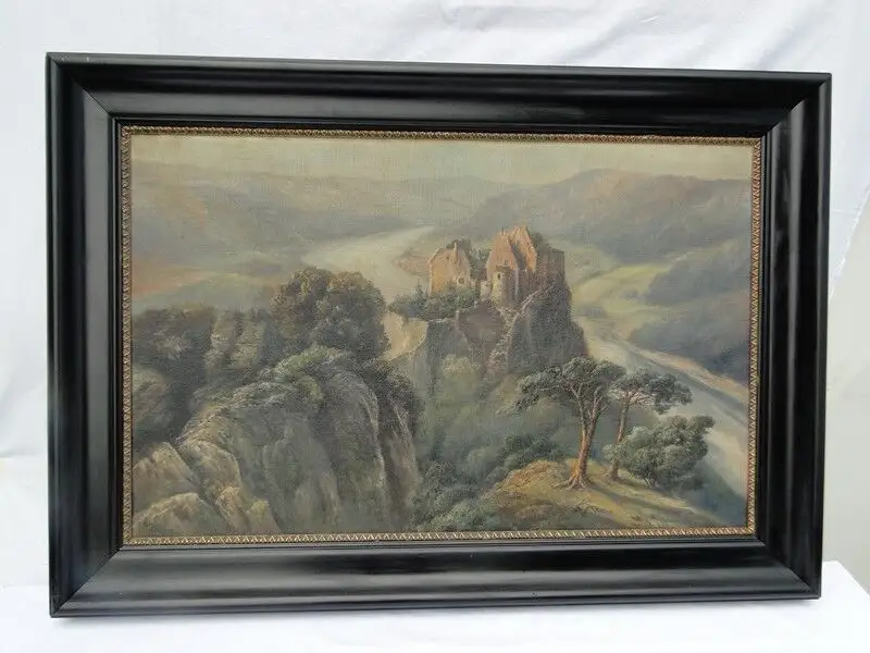 3957D-Ölgemälde auf Leinen-Landschaft-Burg am See-signiert-R. Kolbe-Gemälde-Bild 0