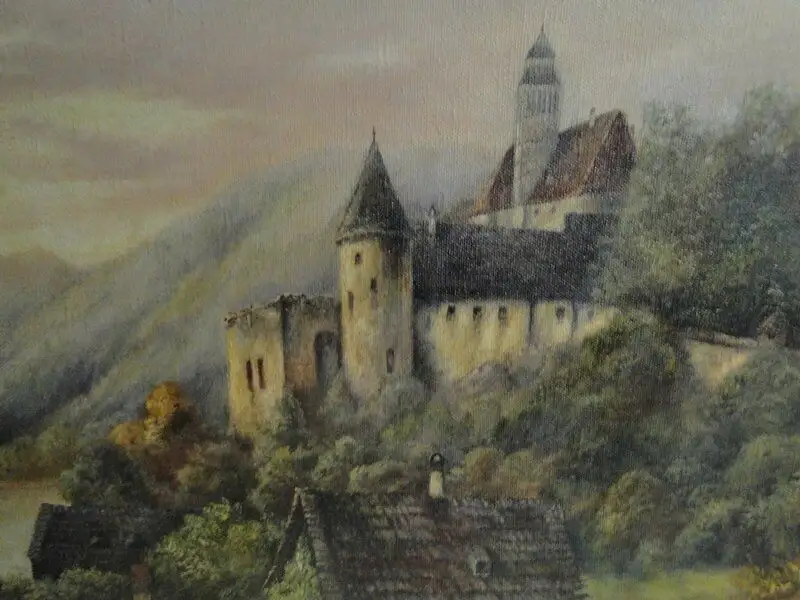 3957D-Ölgemälde auf Leinen-Landschaft-Burg am See-signiert-R. Kolbe-Gemälde-Bild 1