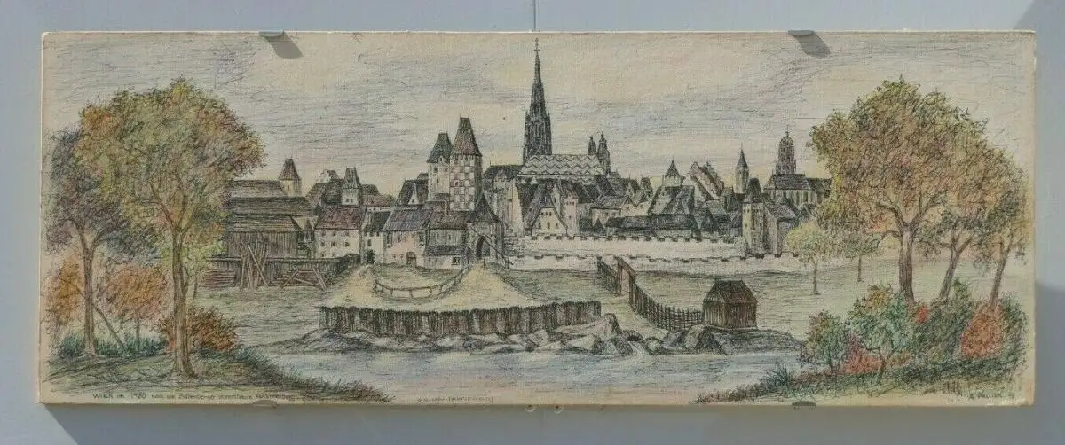 6015-Gemälde-Papier auf Holz-Federzeichnung-Wien um 1480-signiert A.Palisek-Dati 0