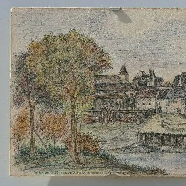 6015-Gemälde-Papier auf Holz-Federzeichnung-Wien um 1480-signiert A.Palisek-Dati 1