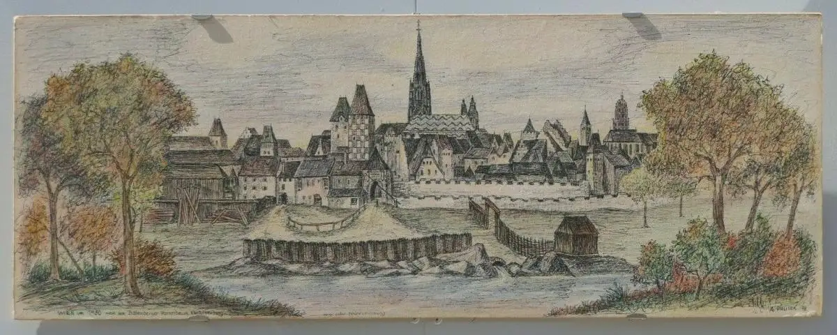 6015-Gemälde-Papier auf Holz-Federzeichnung-Wien um 1480-signiert A.Palisek-Dati 4