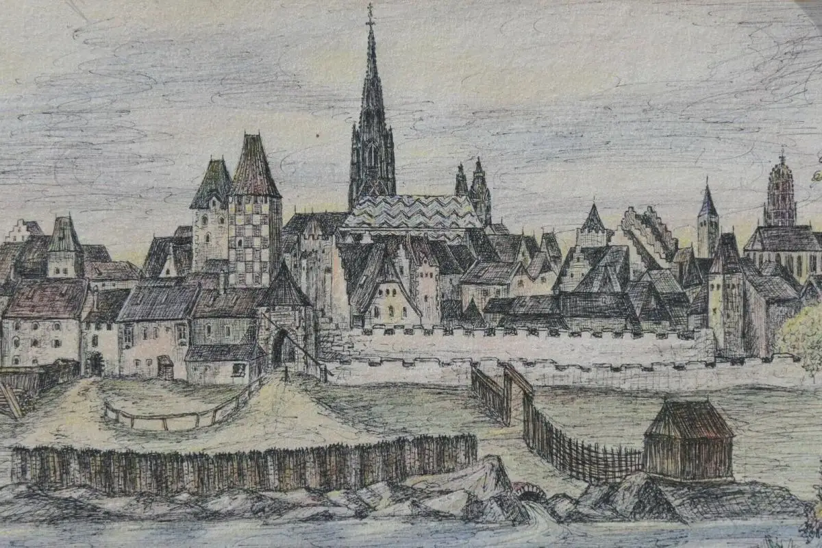 6015-Gemälde-Papier auf Holz-Federzeichnung-Wien um 1480-signiert A.Palisek-Dati 7