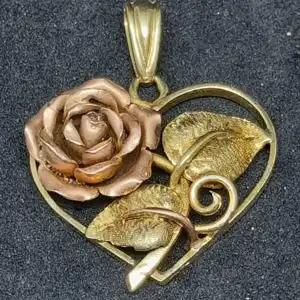 Kettenanhänger - Herzanhänger mit Rose - Bicolor - Goldanhänger - 14 Karat - 585 Echtgold