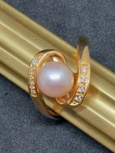 Goldring mit Perle und Diamanten - 14 Karat - Gelbgold - Ring - 585 Echtgold