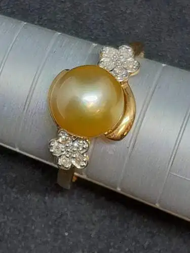 Goldring 14 Karat mit Perle und 10 Diamanten - Ring - 585 Echtgold