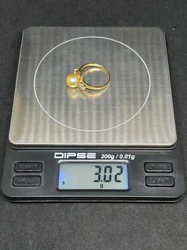 Goldring 14 Karat mit Perle und 10 Diamanten - Ring - 585 Echtgold