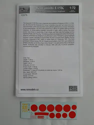 RS Models Kawanishi E15K1 "Shiun"-1:72-92076-Modellflieger-OVP-1128