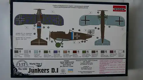 Roden Junkers D.I-1:72-036-Modellflieger-Bauteile versiegelt-OVP-0186