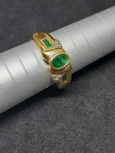 Goldring mit Smaragd und Diamanten - 14 Karat - 585 Echtgold - Ring - Goldring
