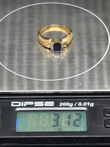 Goldring mit synthetischen Stein und Diamanten - 9 Karat - 375 Echtgold - Ring - Goldring