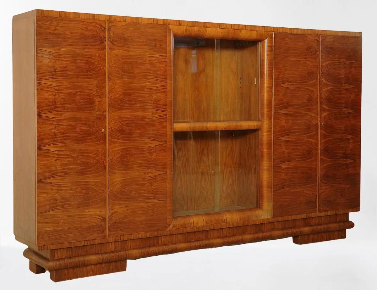 Berliner Art Deco Bücherschrank mit schönem Furnierbild Antik Kolosseum 1