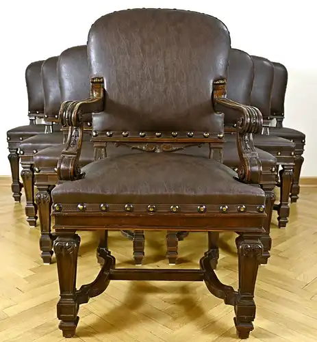 Monumentale zehnteilige Sitzgruppe - 8 Stühle / 2 Armlehner Antik Kolosseum