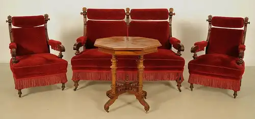 Elegante vierteilige Gründerzeit Sitzgruppe mit roten Bezügen Antik Kolosseum