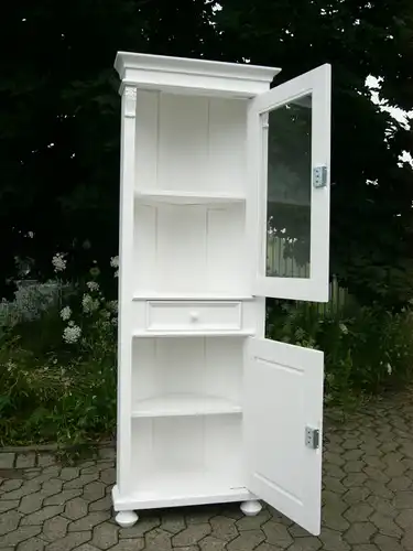 Eckvitrine Eckschrank weiß massiv im Landhaus Stil Glas Schrank