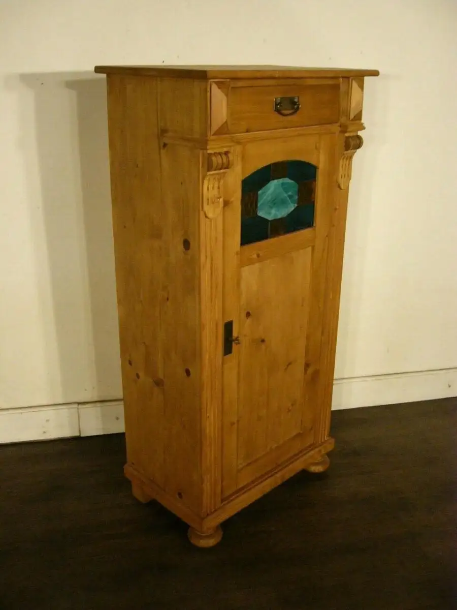 Vertiko Gründerzeit super schmal Weichholz mit Bleiglas um 1900 Jhd. 9