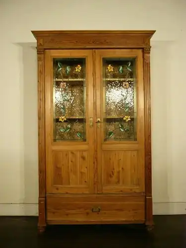 Schrank Vitrine Bleiverglasung Jugendstil Weichholz antik um 1900 Jhd.