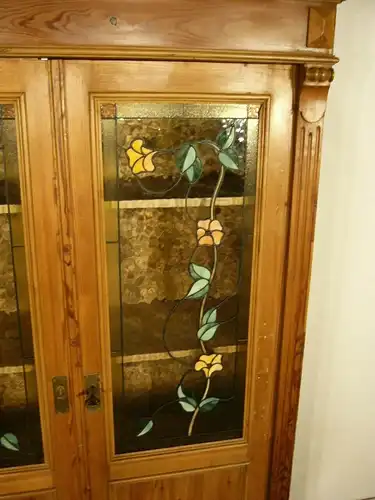 Schrank Vitrine Bleiverglasung Jugendstil Weichholz antik um 1900 Jhd.