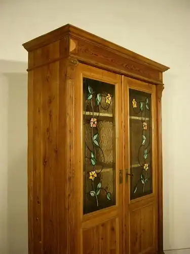 Schrank Vitrine Bleiverglasung Jugendstil Weichholz antik um 1900 Jhd.