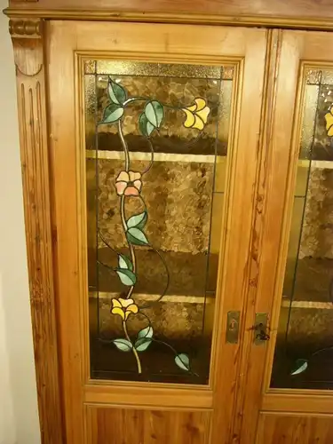Schrank Vitrine Bleiverglasung Jugendstil Weichholz antik um 1900 Jhd.