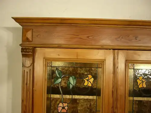 Schrank Vitrine Bleiverglasung Jugendstil Weichholz antik um 1900 Jhd.