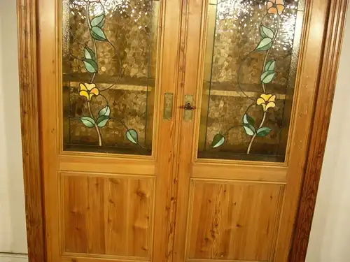 Schrank Vitrine Bleiverglasung Jugendstil Weichholz antik um 1900 Jhd.