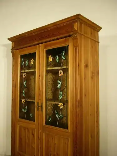 Schrank Vitrine Bleiverglasung Jugendstil Weichholz antik um 1900 Jhd.