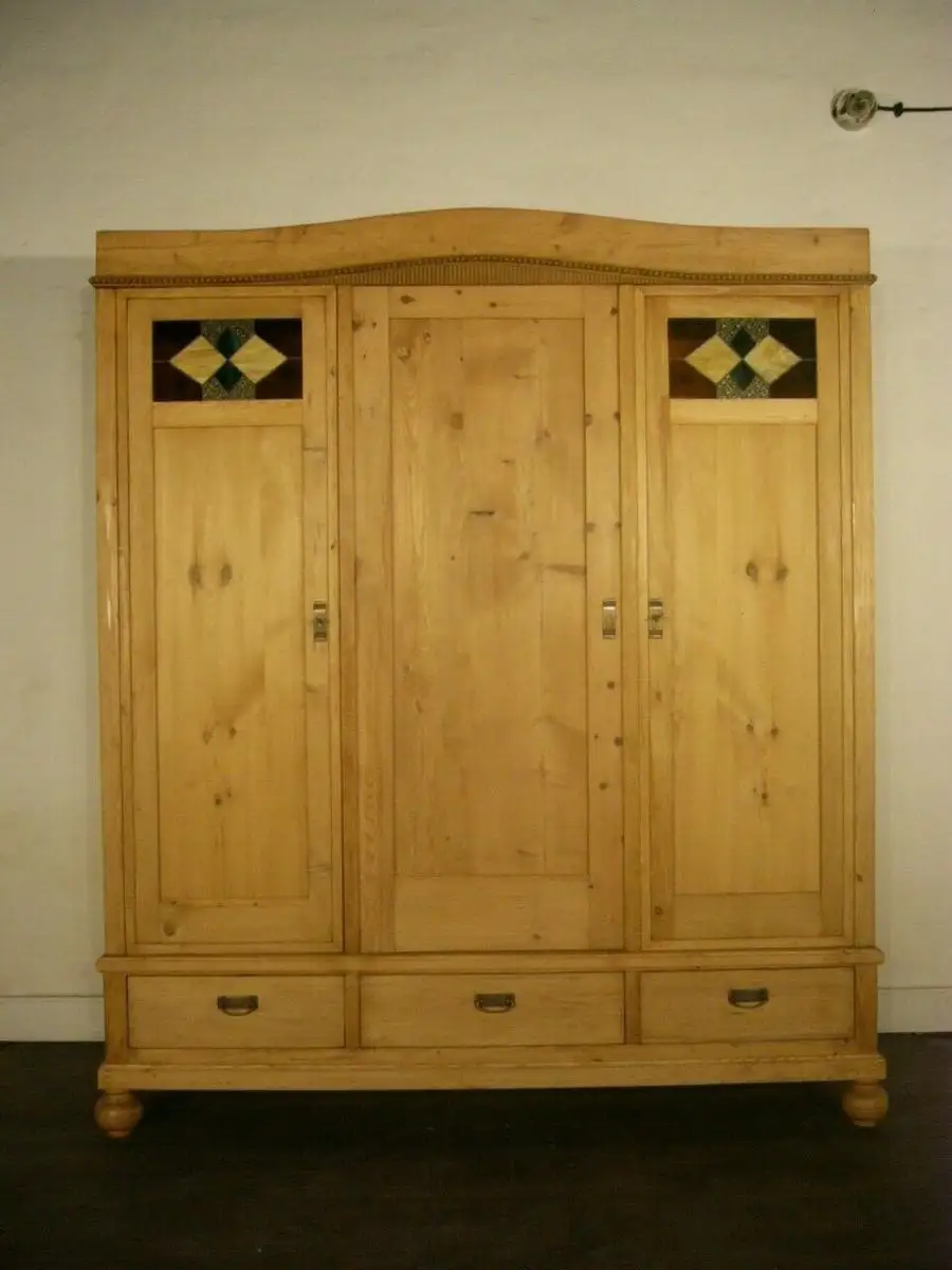 Schrank Jugendstil antik zerlegbar 3 türig Bleiglas Weichholz um 1900 Jhd. 1