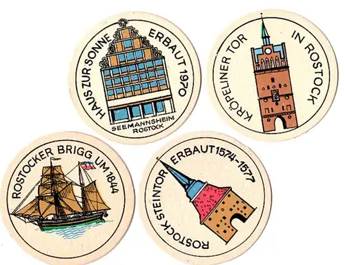 DDR - 4 verschiedene original Bierdeckel mit Motiven aus Rostock - vermutlich aus dem VEB Getränkekombinat Hanseat Rostock